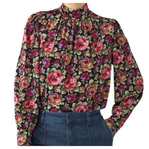 & Other Stories Black Floral Mock Neck Blouse Small - Picture 6 of 6